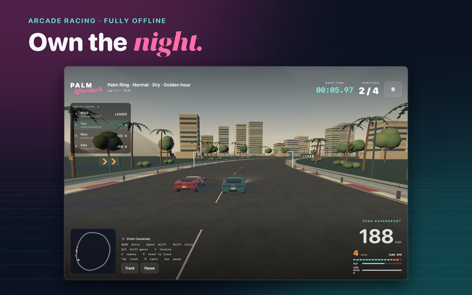 A golden-hour race on the palm-lined Palm Ring circuit