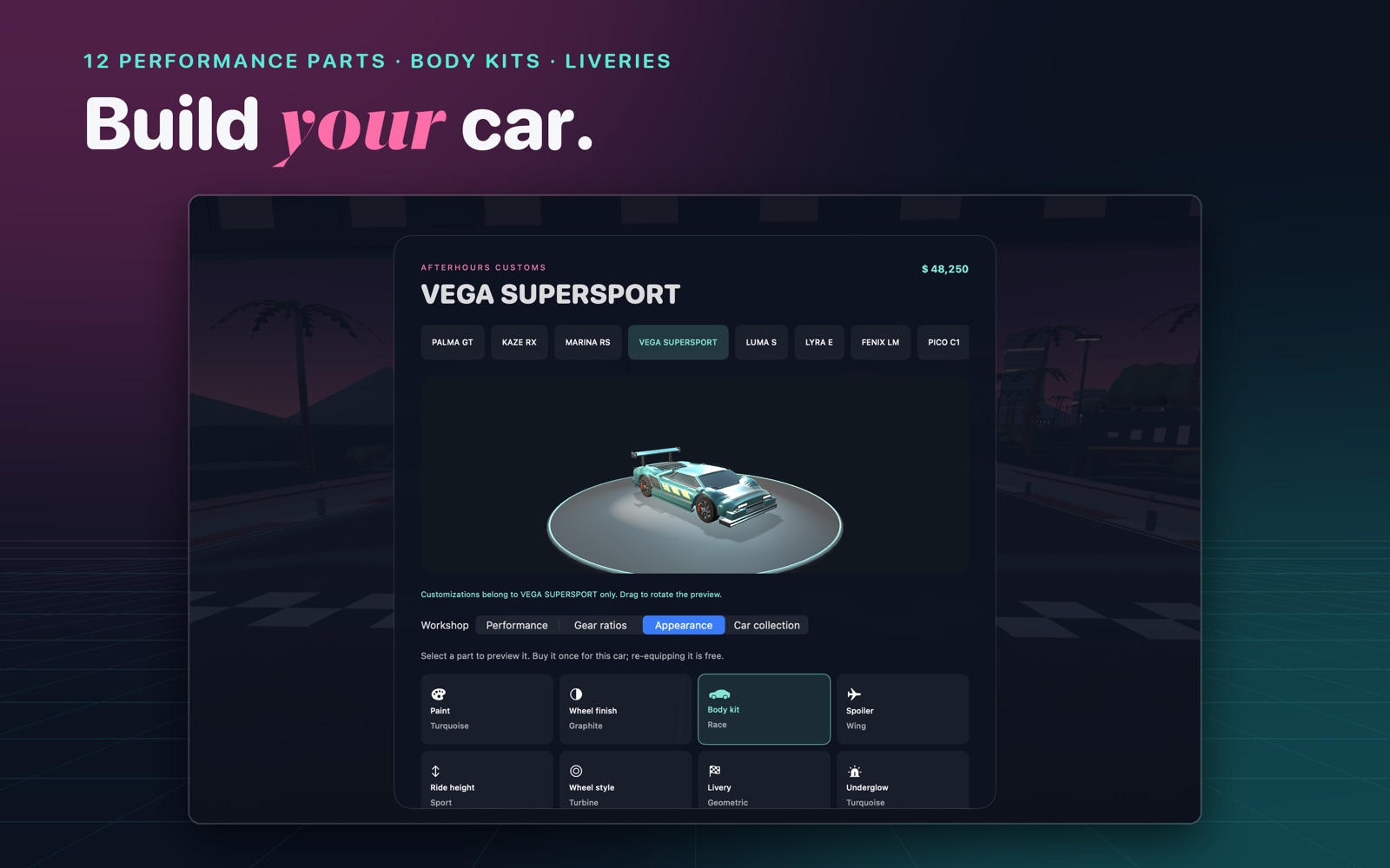 The garage with performance upgrades and visual parts